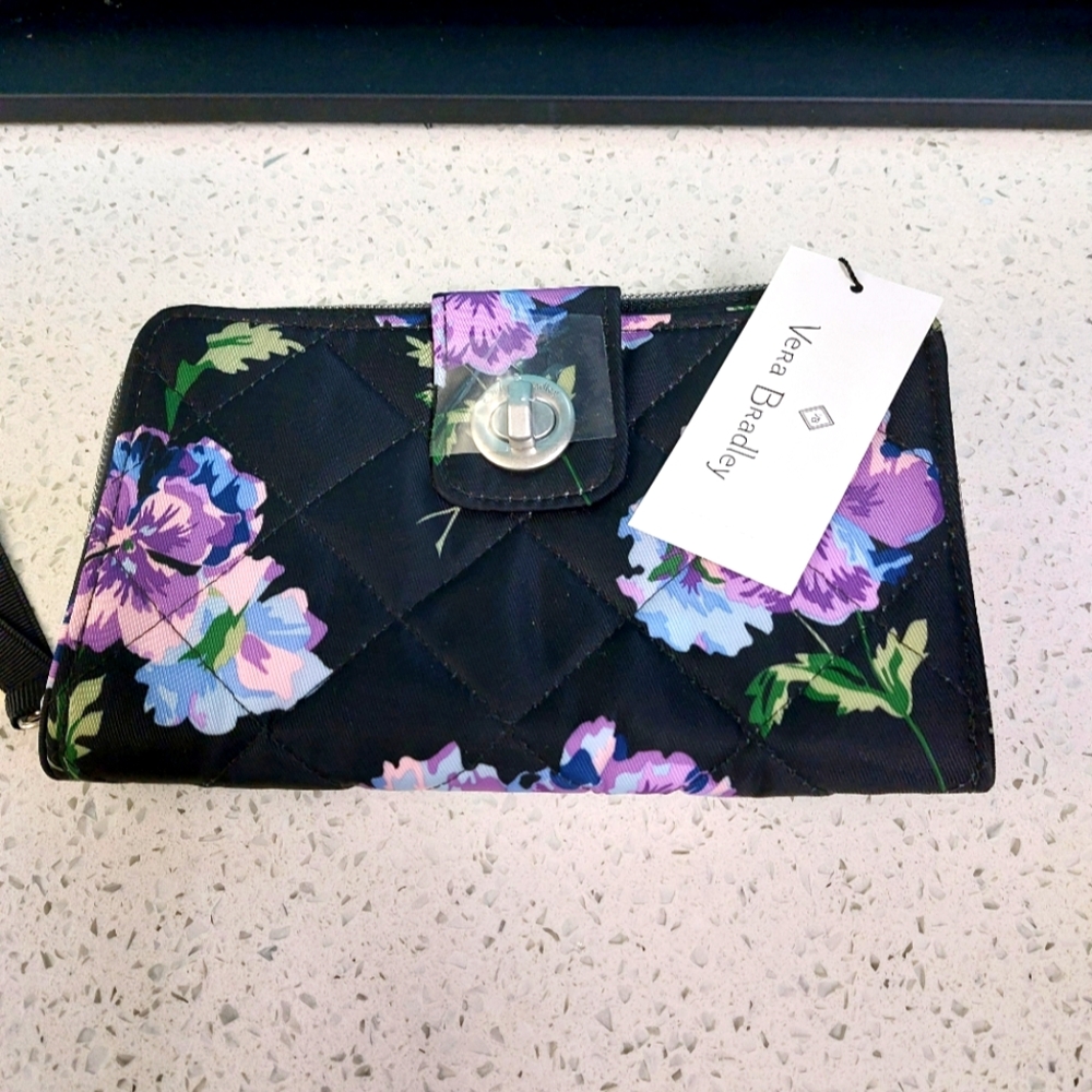 Vera Bradley Performance Twill Turnlock Wallet Floating Plum Pansies NWT